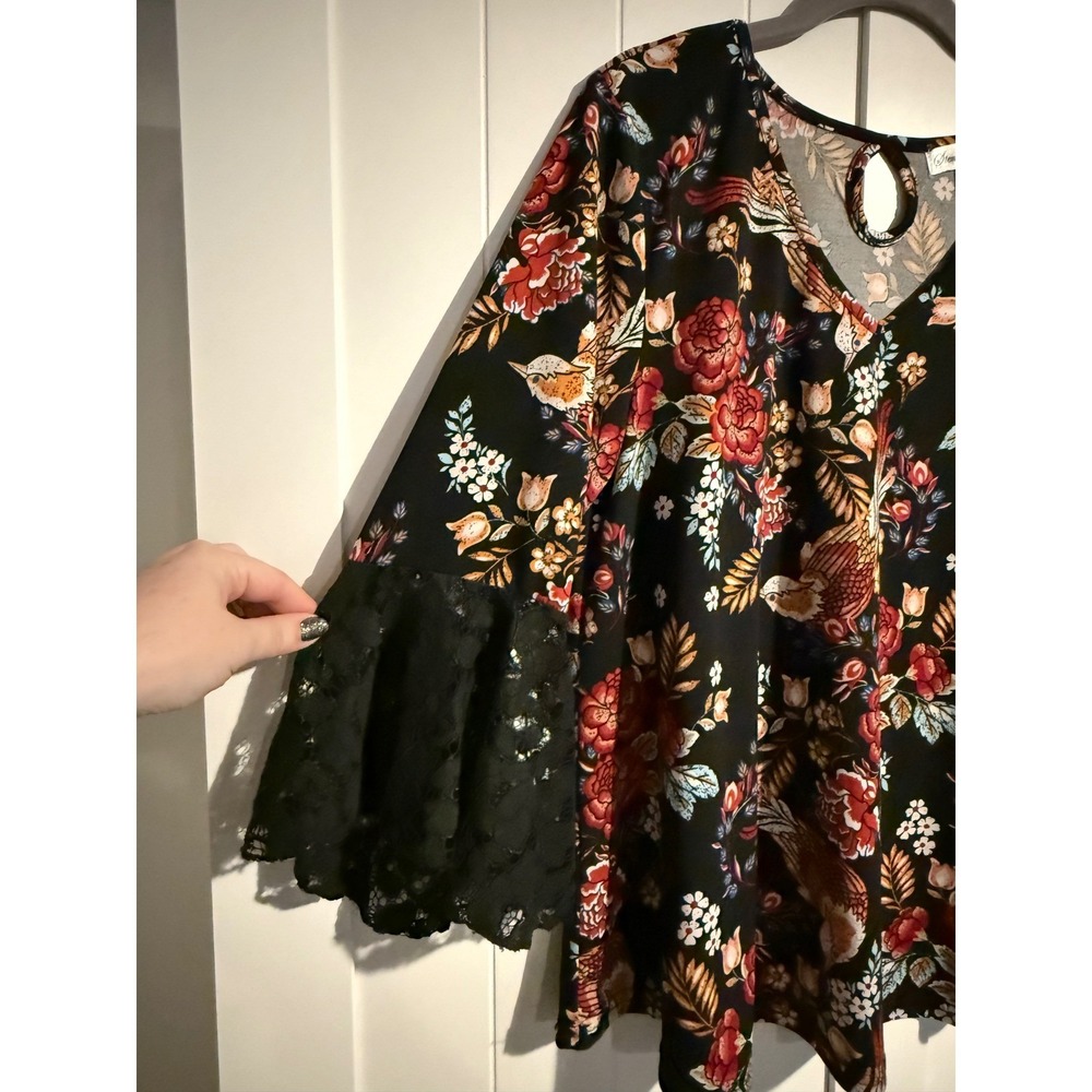 Stem & Vine Black Floral Bird Bell Sleeve Keyhole V Neck Blouse Top Womens L - Picture 2 of 5